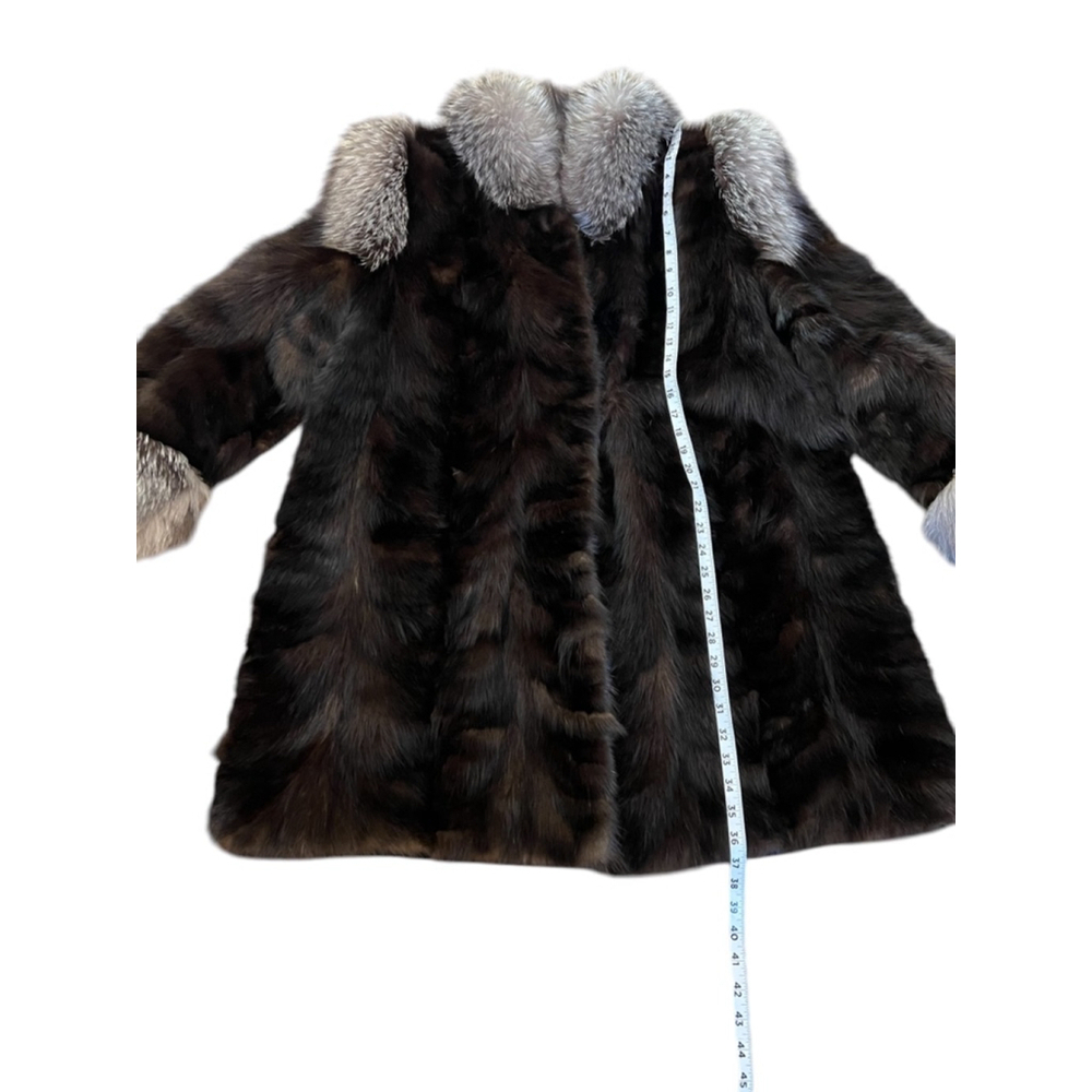VINTAGE Mink Fur Brown Grey Trim Mid Length Heavy Coat Jacket L - Picture 7 of 10